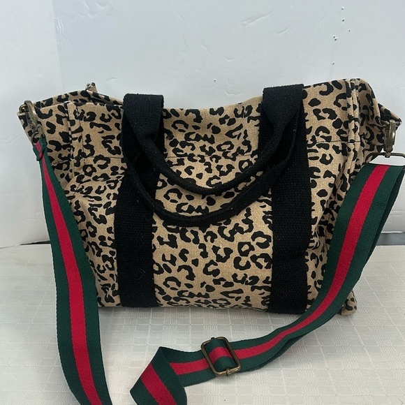 PS Leopard Print Market Tote with Red/Green Strap - Picture 1 of 8